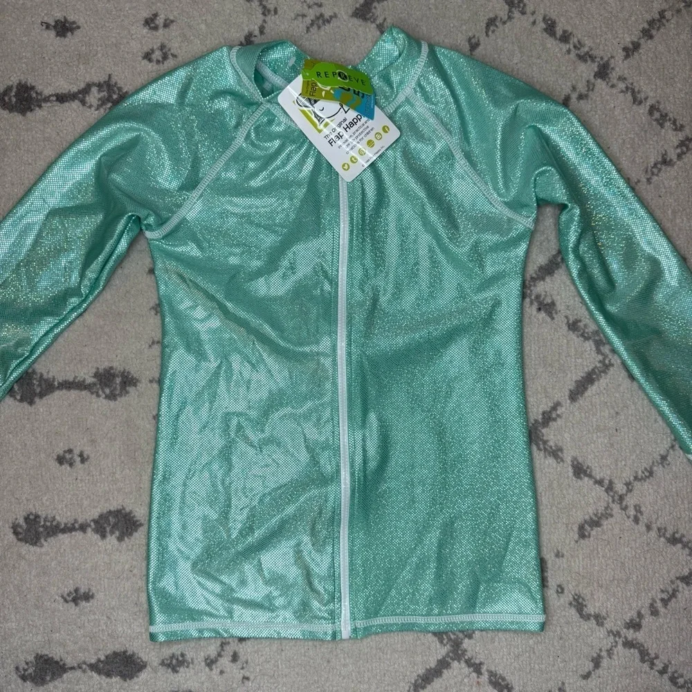 NWT FLAP HAPPY Sparkle Shimmery Teal Blue Longsleeve Rashguard Swim Beach Top
